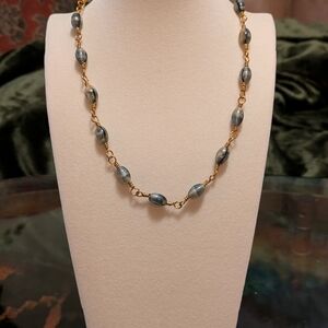 Vintage Brass Wire Necklace with Marbleized Gray Glass Beads